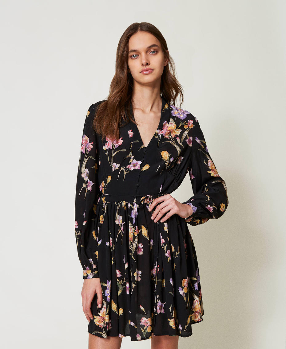 Short cr&ecirc;pe de Chine floral dress Multicolour/Black Iris Print Woman 251TP2773_12328_01