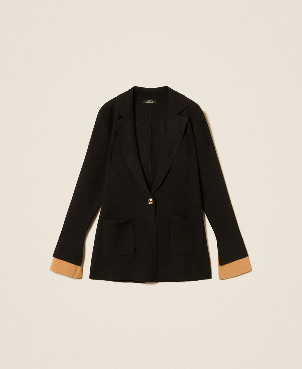 Knit jacket with contrasting details Two-tone Black/"Iced Coffee" Brown Woman 262AP3252_13758_S0