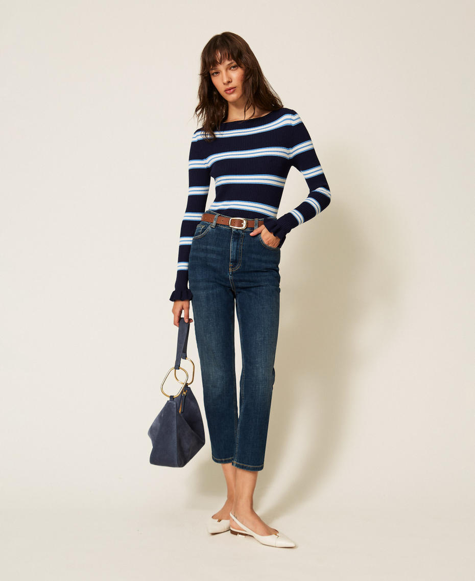 Striped jumper with ruffles Night Blue/Jasmine Blue Stripes Woman 261TP3241_13383_T0