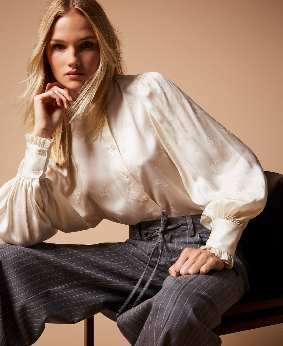 Jacquard satin shirt with ruffles Mother Of Pearl Woman 252TT2362_00059_PC