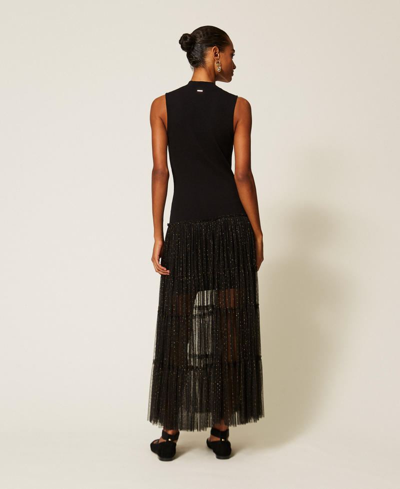 Abito lungo smanicato in maglia e tulle plumetis Nero Donna 262TT3421_00006_03