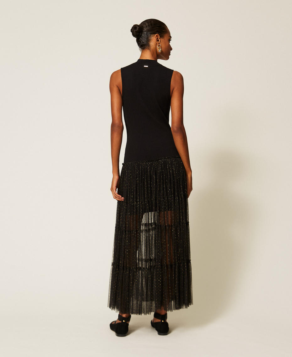 Abito lungo smanicato in maglia e tulle plumetis Nero Donna 262TT3421_00006_03