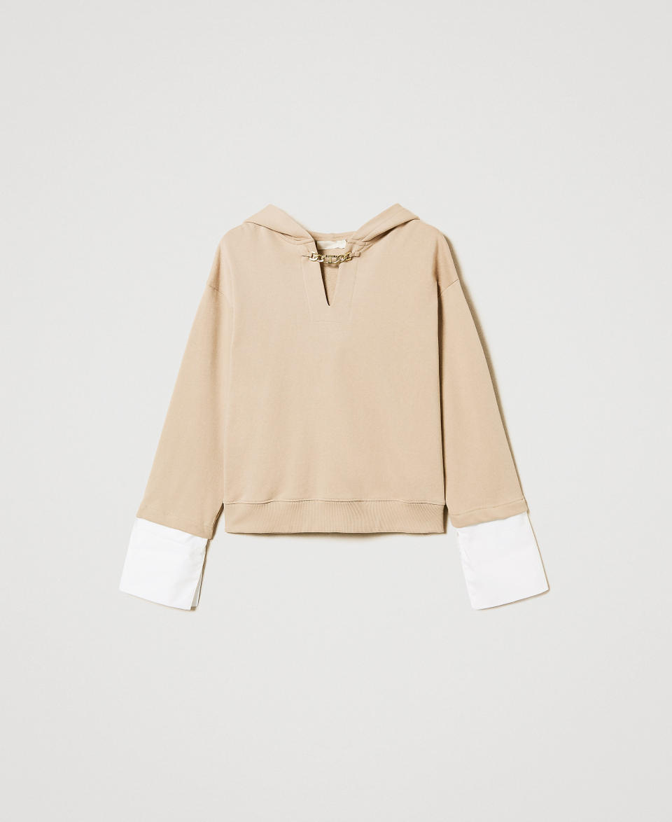 Sweatshirt with poplin cuffs and Oval T chain Rope Beige Woman 251TE2070_12145_S0