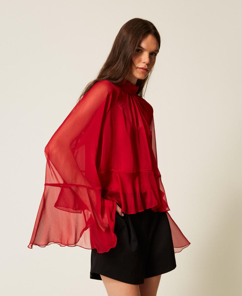 Bluse aus Voile mit Volant Kirsch Rot Frau 252AT2213_00034_02
