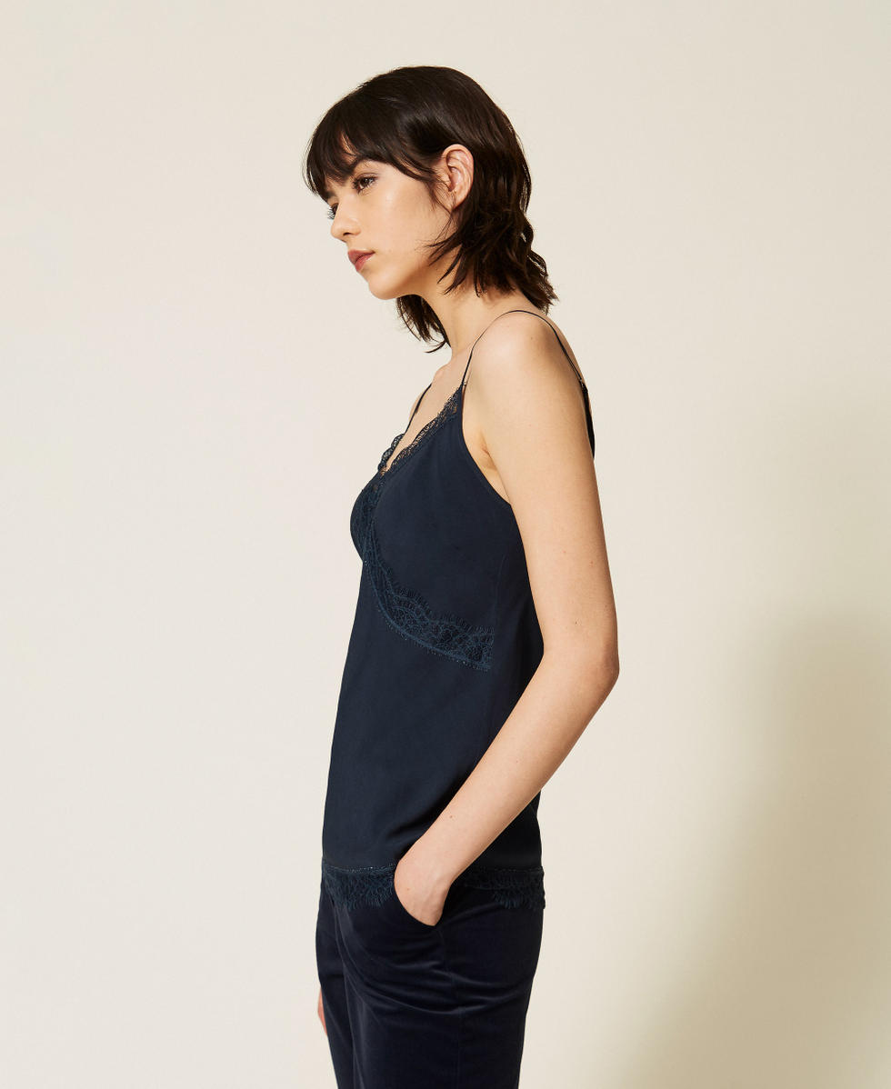 Cr&ecirc;pe de Chine top with lace Blue Paint Woman 262AP2454_13182_02