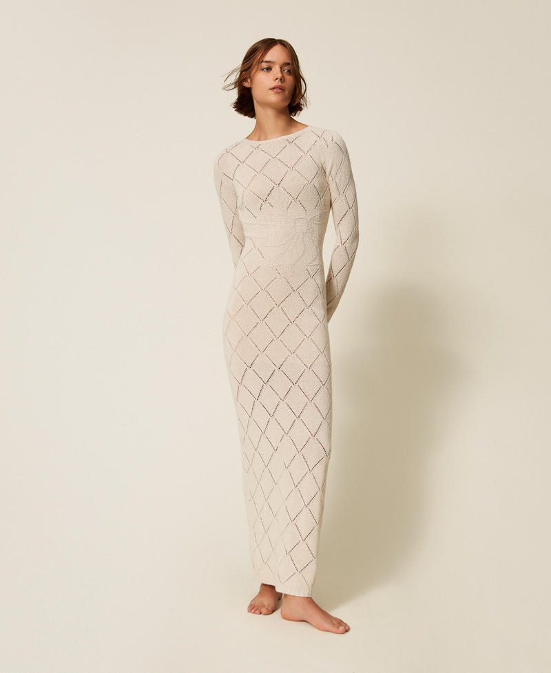 Long Treeblend yarn dress with diamond pattern Pale Cream Woman 252TP3470_00522_01