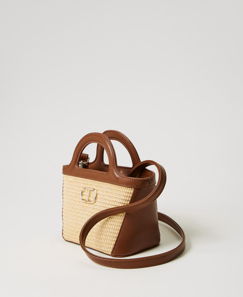 Faux straw shoulder bag with Oval T Two-tone "Straw" Beige / "Leather" Brown Girl 251GJ8012_11617_02