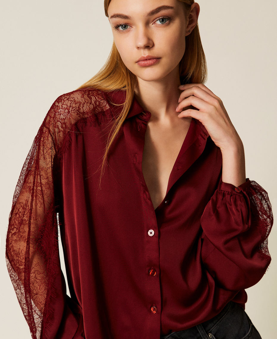 Satin shirt with lace Red Wine Woman 252LL2TBB_12818_PD