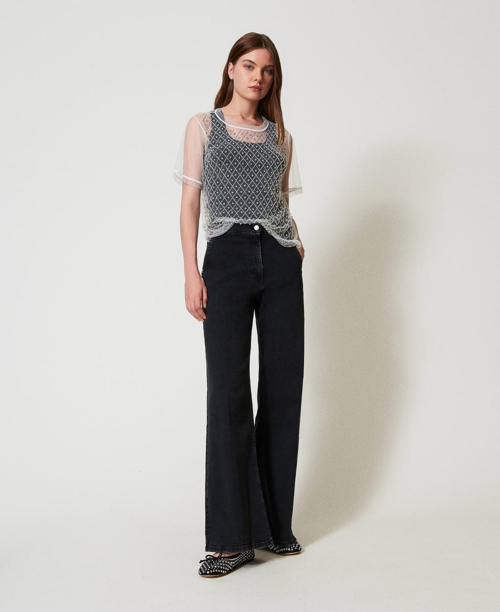 Embroidered tulle T-shirt with top "Papers" White Woman 251AP2120_00840_T0
