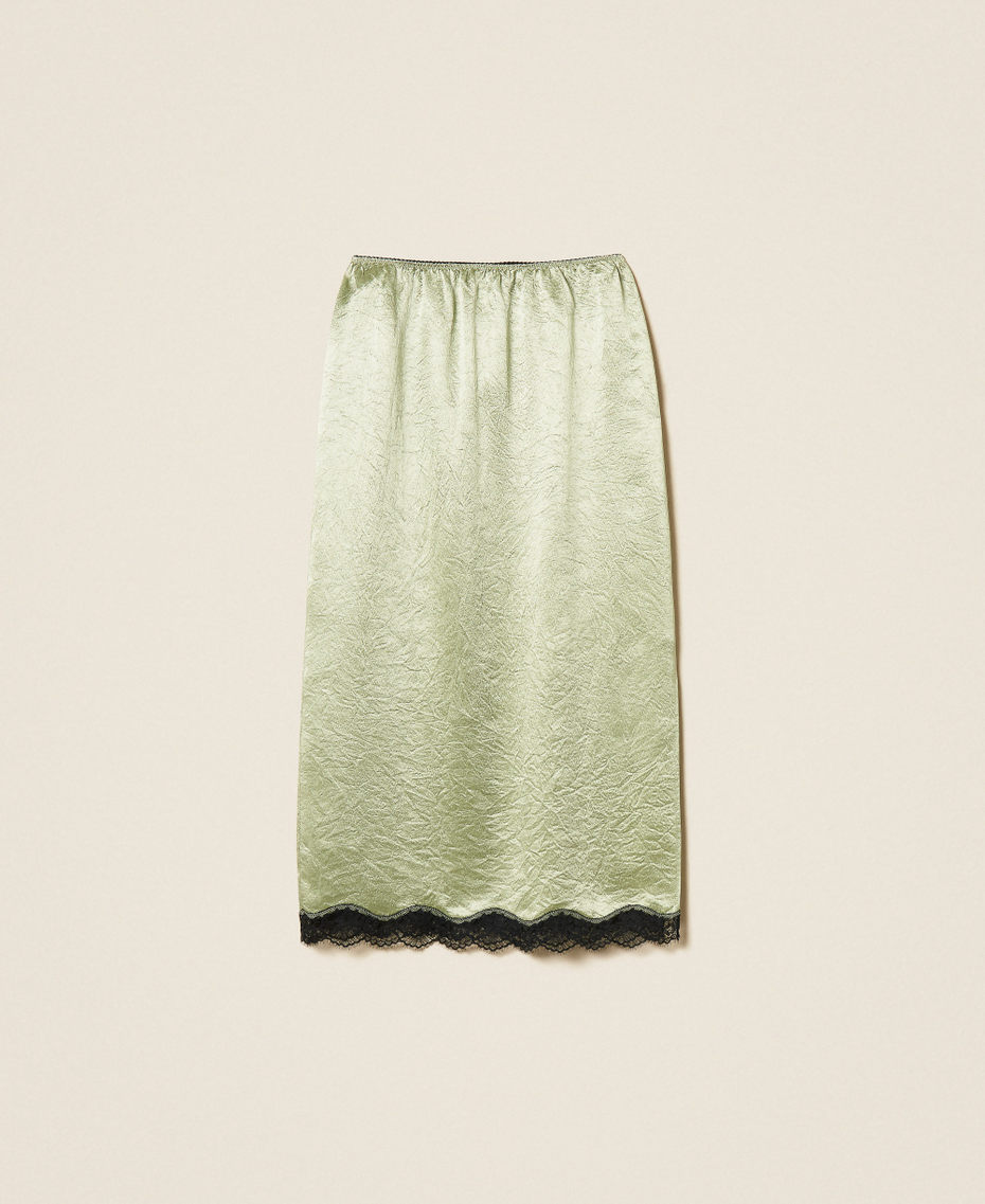 Gonna longuette in raso froiss&eacute; e pizzo Bicolor Sage / Nero Donna 262TP2111_13855_S0