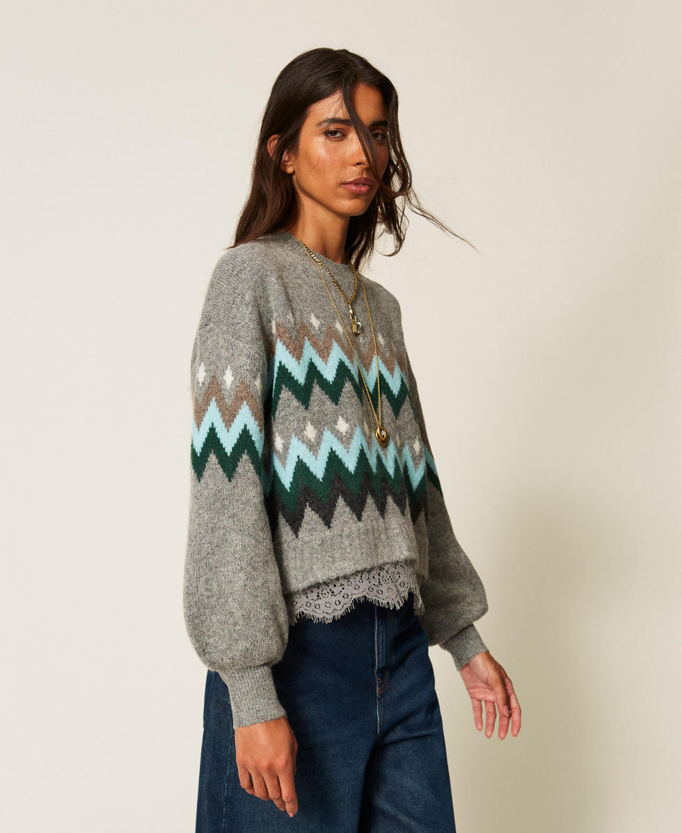 Maglia jacquard con pizzo Jacquard Grigio Medio Melange / Smeraldo Donna 262AT3034_14120_02