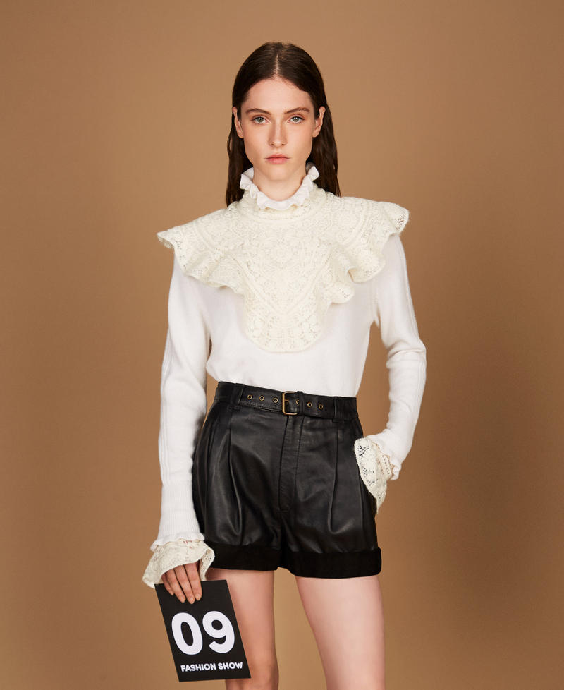 Wool blend jumper with ruffles and lace White Snow Woman 252TS3021_00282_PS