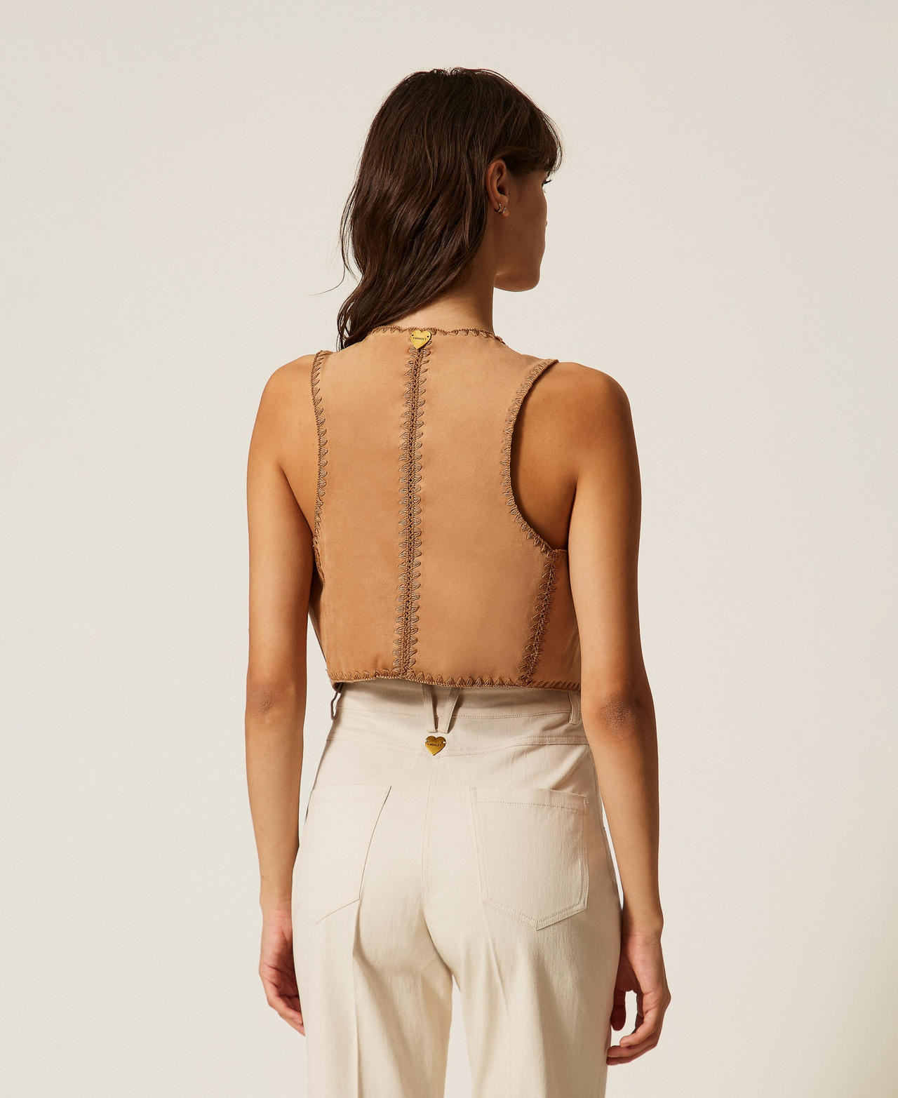 Suede waistcoat with embroidery "Hazelnut&rdquo; Brown Woman 261LB2MAA_10282_03