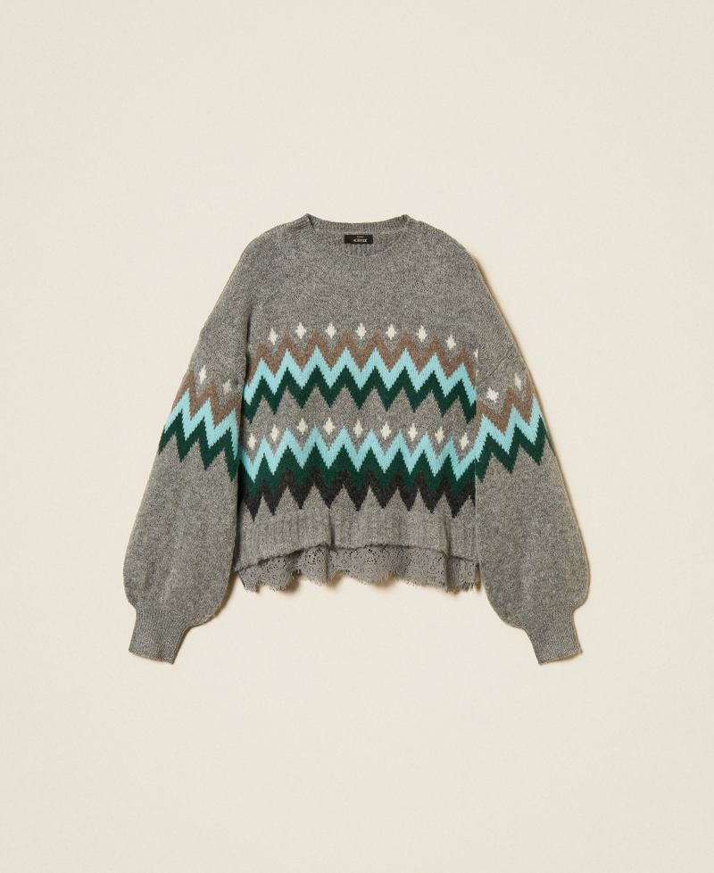 Pullover aus Jacquard mit Spitze Jacquard Meliertes Mittelgrau / Smaragd Frau 262AT3034_14120_S0