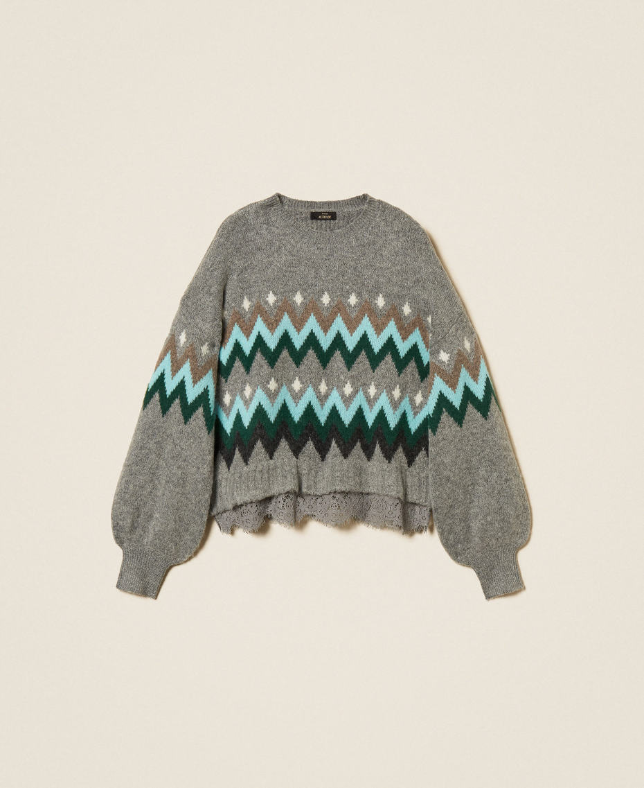 Pullover aus Jacquard mit Spitze Jacquard Meliertes Mittelgrau / Smaragd Frau 262AT3034_14120_S0