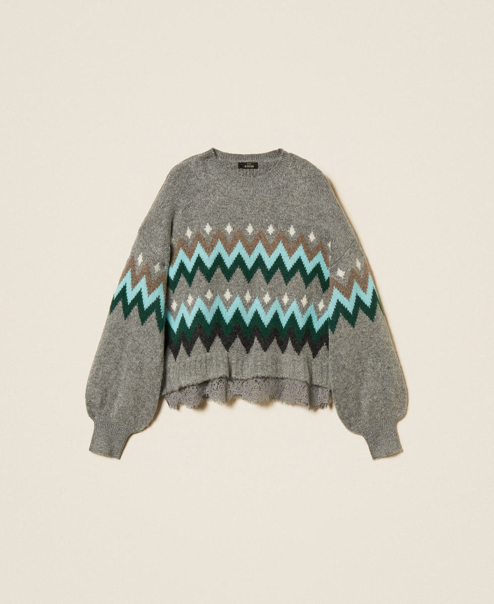 Maglia jacquard con pizzo Jacquard Grigio Medio Melange / Smeraldo Donna 262AT3034_14120_S0