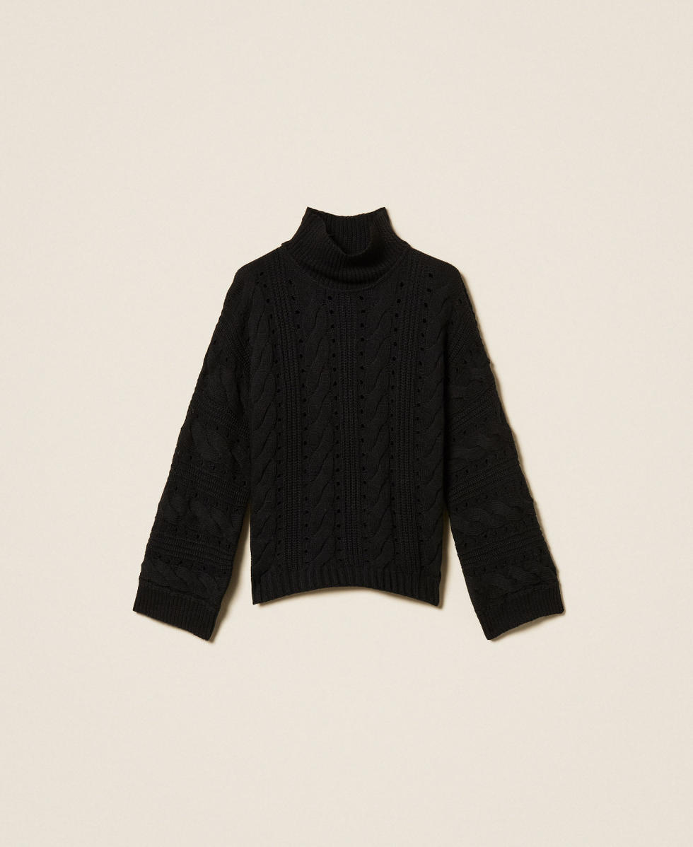 Longpullover aus Wollmischung mit Z&ouml;pfen Schwarz Frau 252TT3101_00006_S0