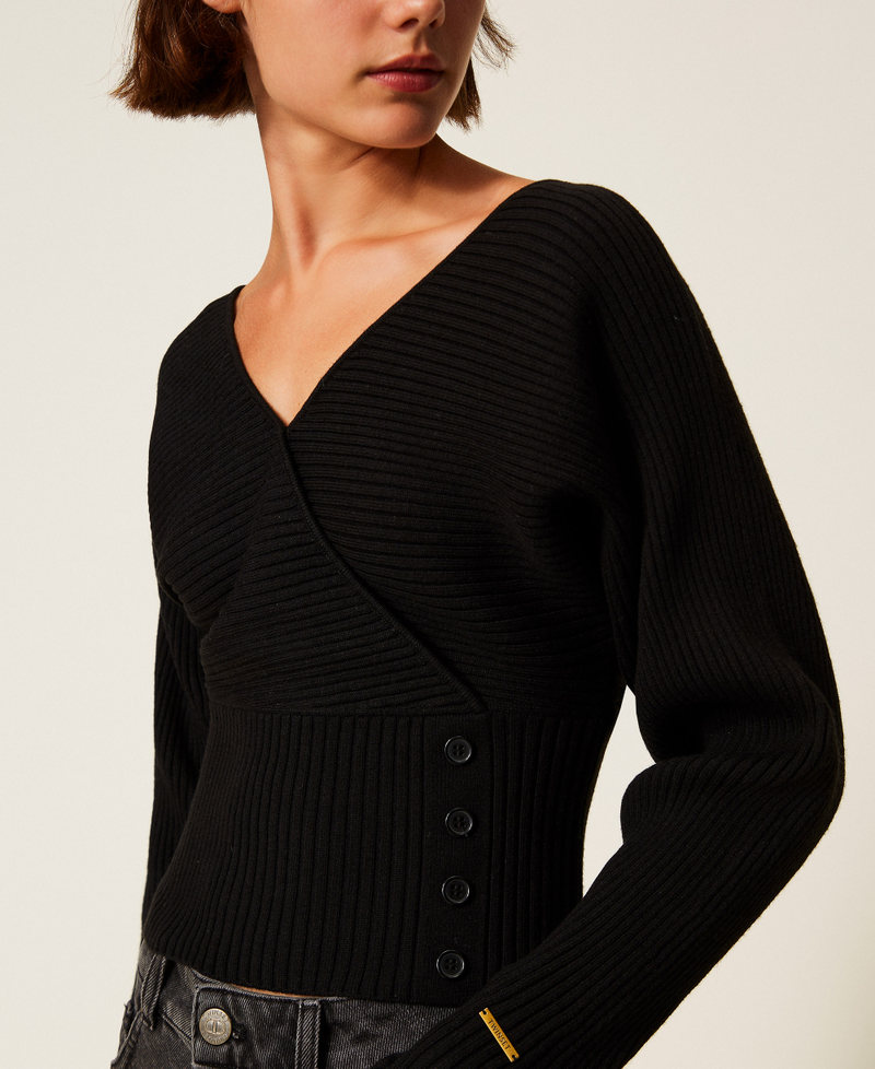 Rib knit cross front jumper Black Woman 252LI3QBB_00006_04