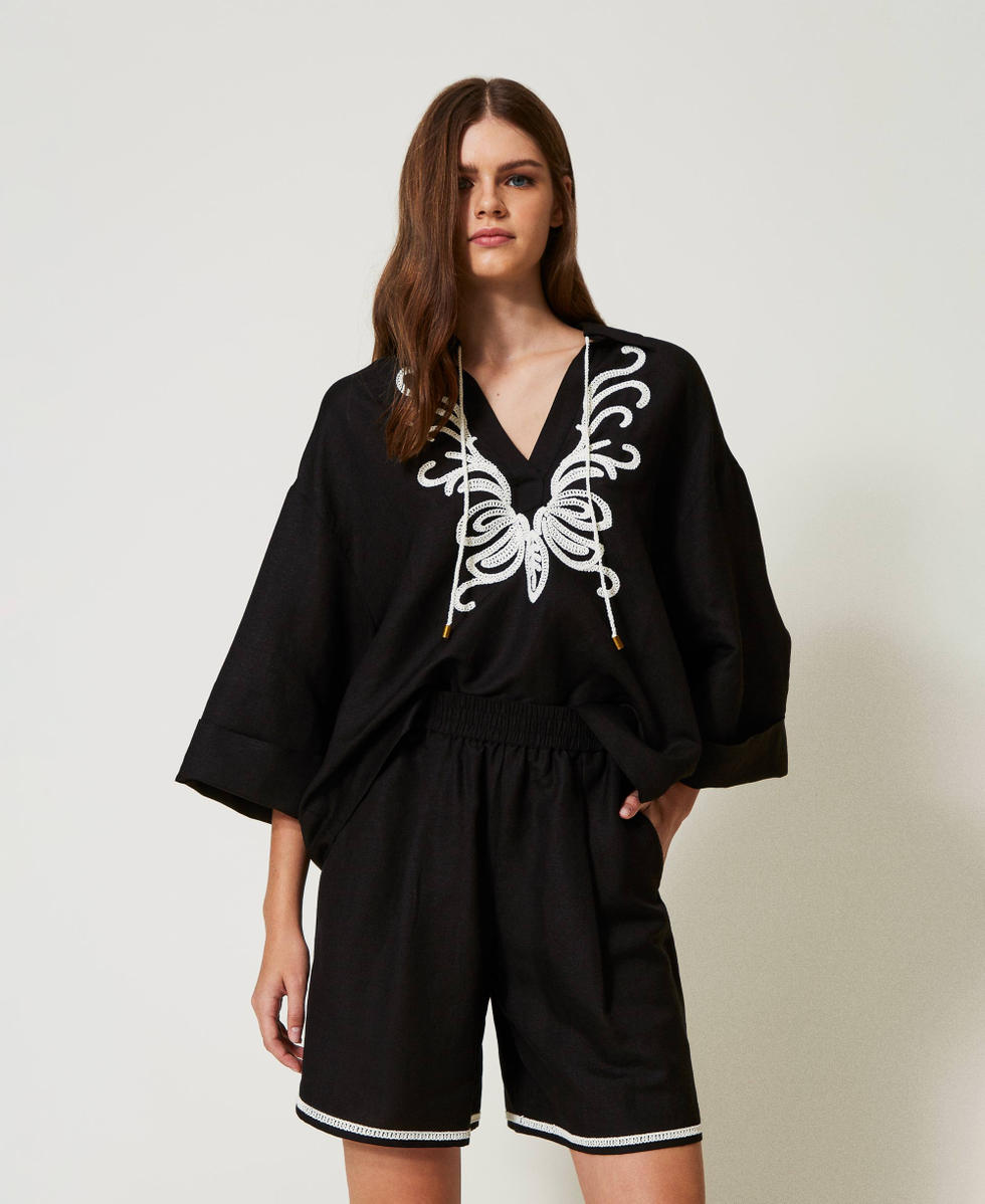 Linen blend shorts with embroidery Bicolour Black / Mother-of-pearl White Woman 251LB2FDD_02710_01
