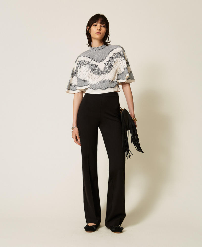 Satinbluse mit Jacquardmuster und Blumen und Tupfen Lace And Flowers Print Schwarz / Perlmutt Frau 262TP267A_13947_T0