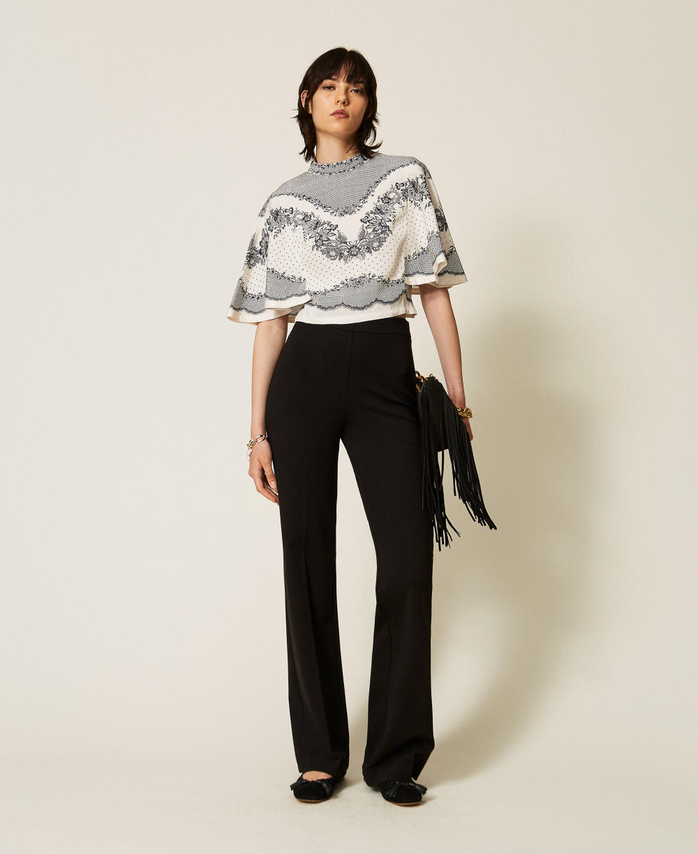 Blouse en satin jacquard floral avec pois Imprim&eacute; Dentelle et Fleurs Noir/Nacre Femme 262TP267A_13947_T0