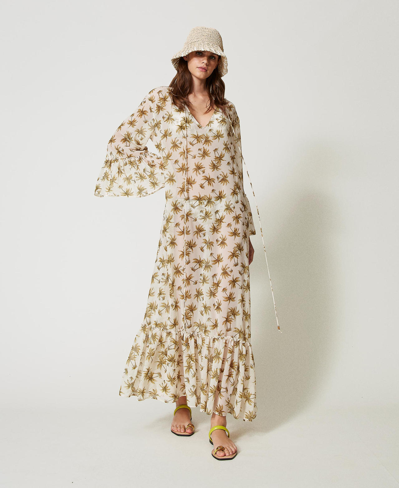 Caftan en cr&ecirc;pe georgette avec imprim&eacute; palmiers Imprim&eacute; Palmiers Nacre/Olive Leaf Femme 251LB2ZEE_12196_01