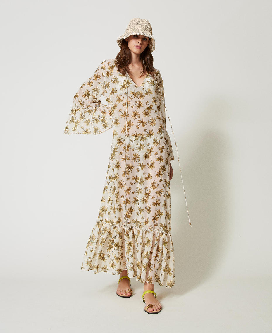 Georgette kaftan with palm print Mother of Pearl/Olive Leaf Palm Print Woman 251LB2ZEE_12196_01