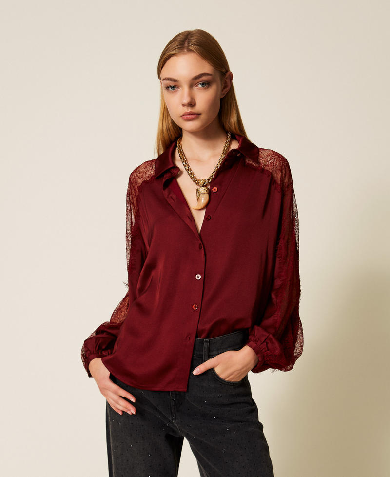 Satin shirt with lace Red Wine Woman 252LL2TBB_12818_01