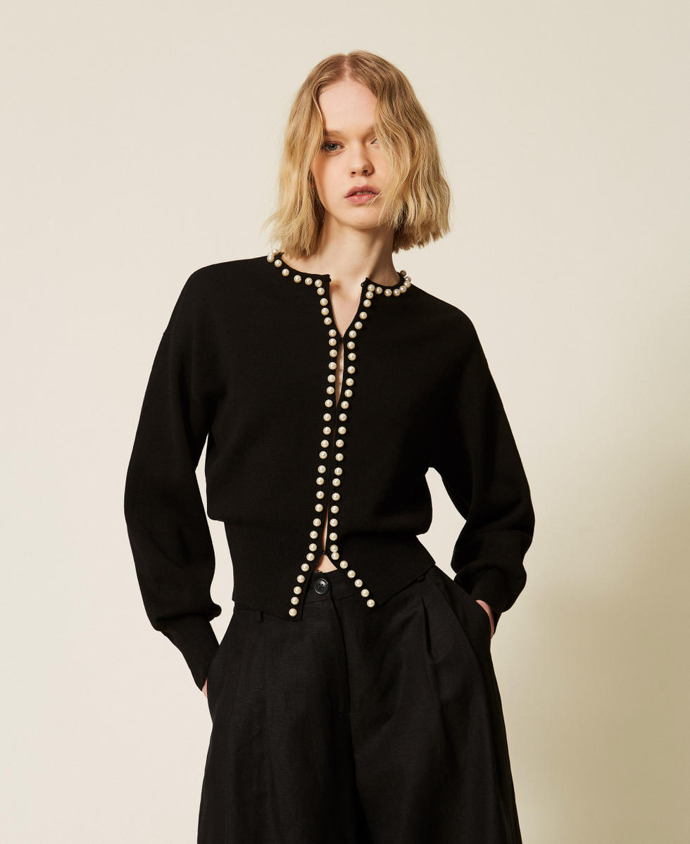 Cardigan with pearl embroidery Woman, Black | TWINSET Milano