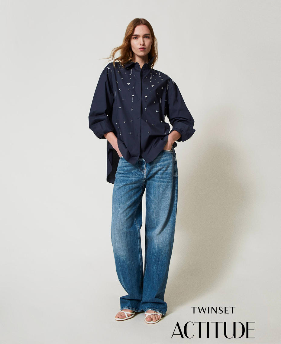 Camicia con ricami a mano Deep Blue Donna 251AP2291_03585_PA
