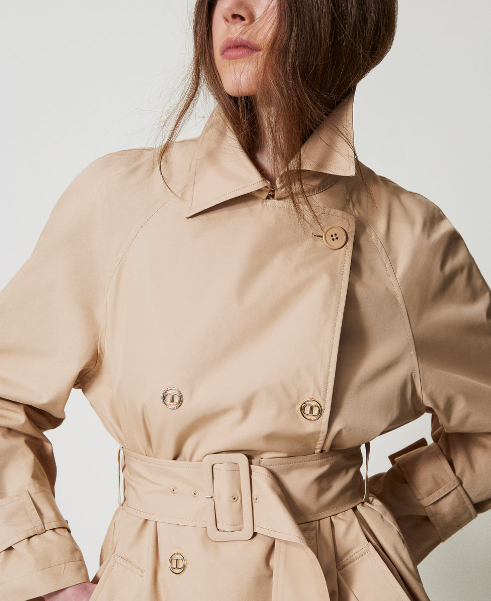 Twill trench coat with Oval T buttons Woman, Beige | TWINSET