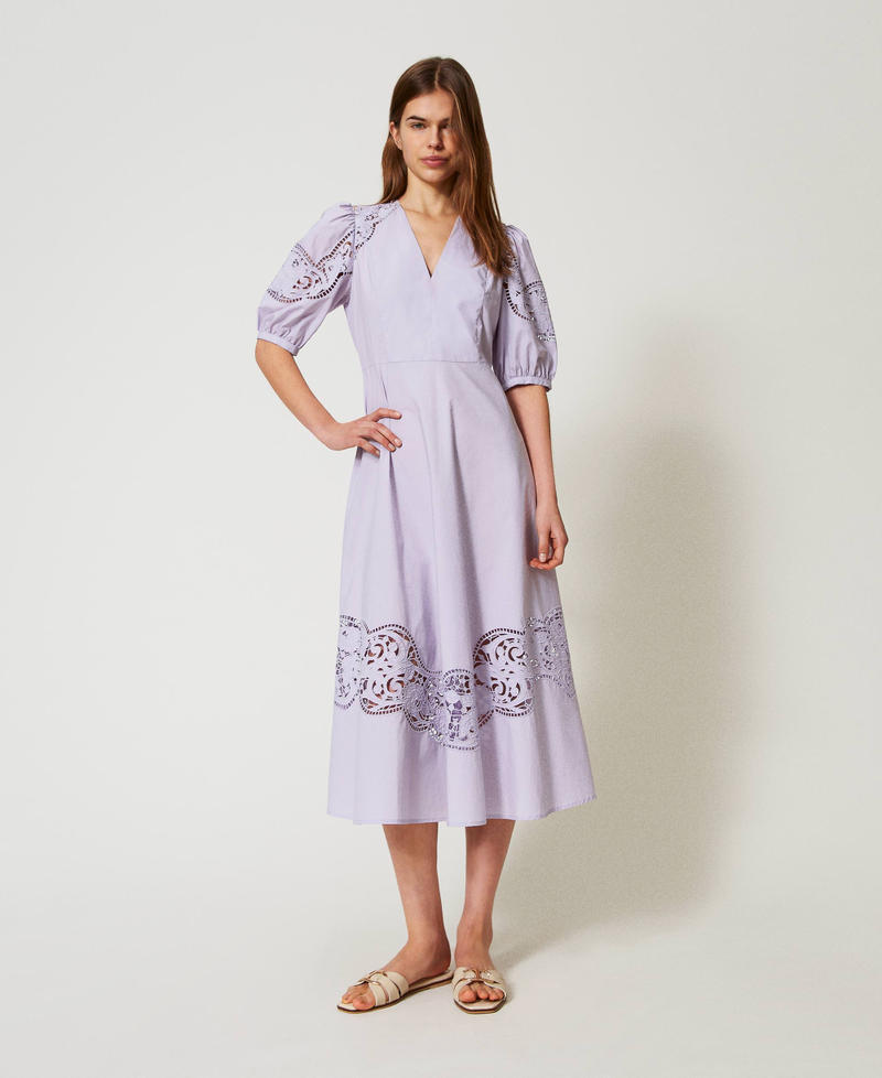 Long dress in broderie anglaise poplin Lilac Flowers Woman 251TT2330_00703_01