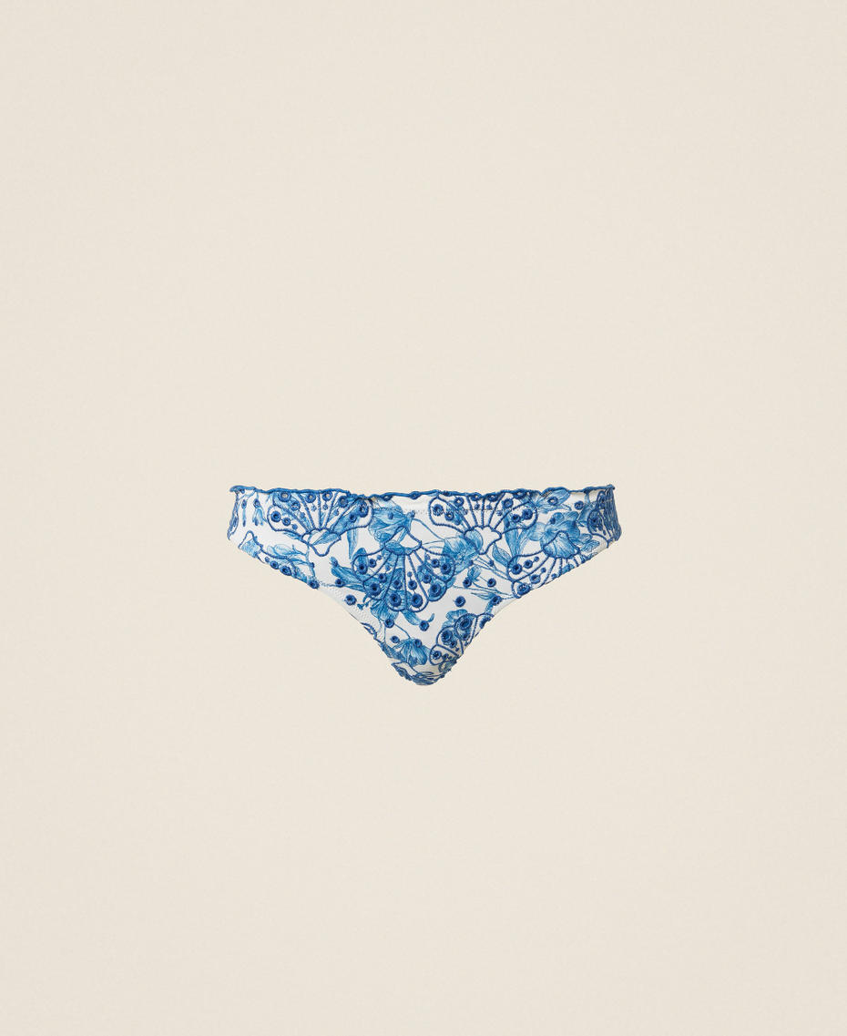 Brazilian bikini bottoms with embroidery Off White/Med Blue Toile De Jouy Print Woman 261LMMD77_13465_S0
