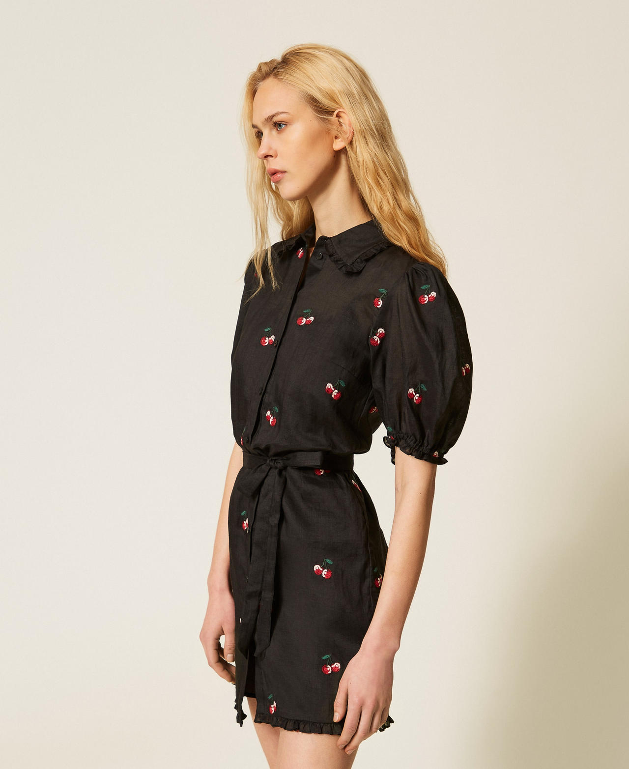 Short ramie dress with embroidery Black/Cherry Red Embroidery Woman 261TT2422_13578_02