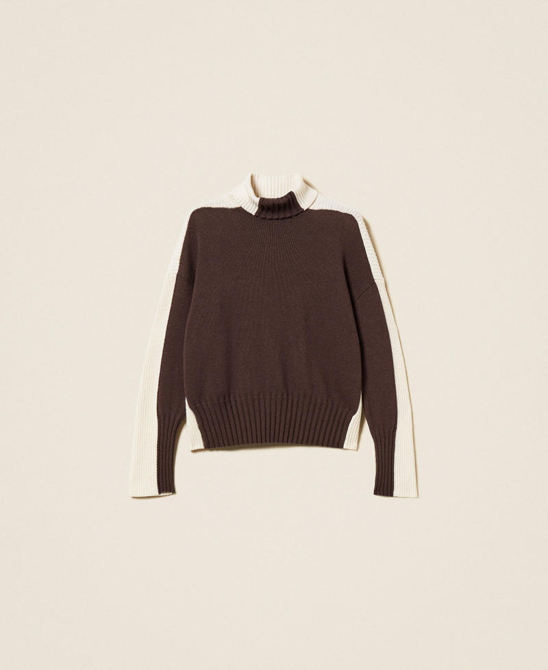 Two-tone wool blend turtle neck jumper Two tone Chocolate Noir/Snow White Woman 252TF3023_12998_S0