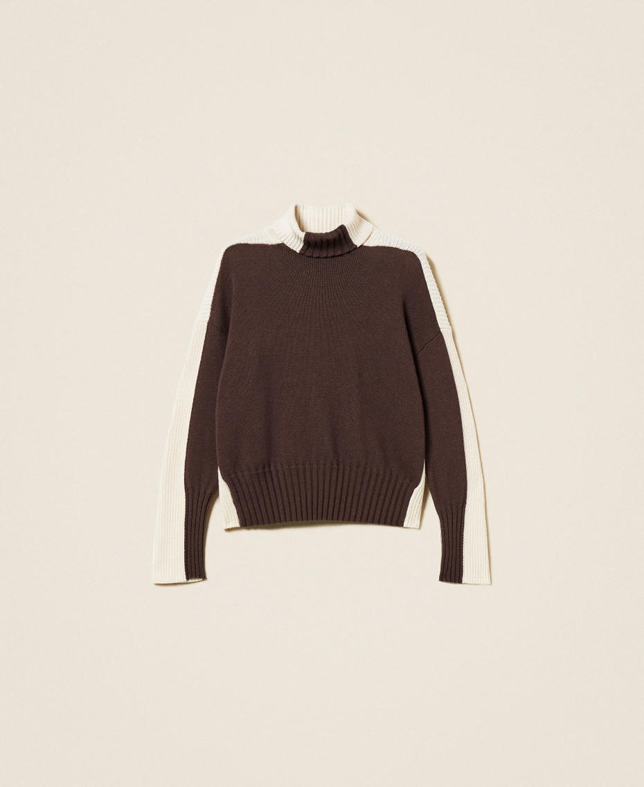 Two-tone wool blend turtle neck jumper Two tone Chocolate Noir/Snow White Woman 252TF3023_12998_S0