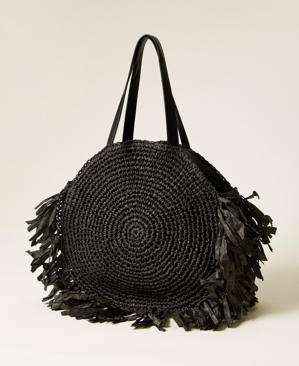 Runder Shopper aus Rafia mit Fransen Schwarz Frau 261LB7BAA_00006_03
