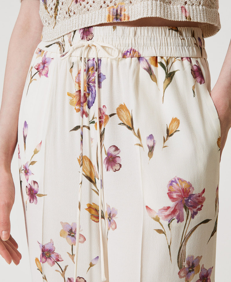 Crêpe de Chine floral trousers with elasticated waist