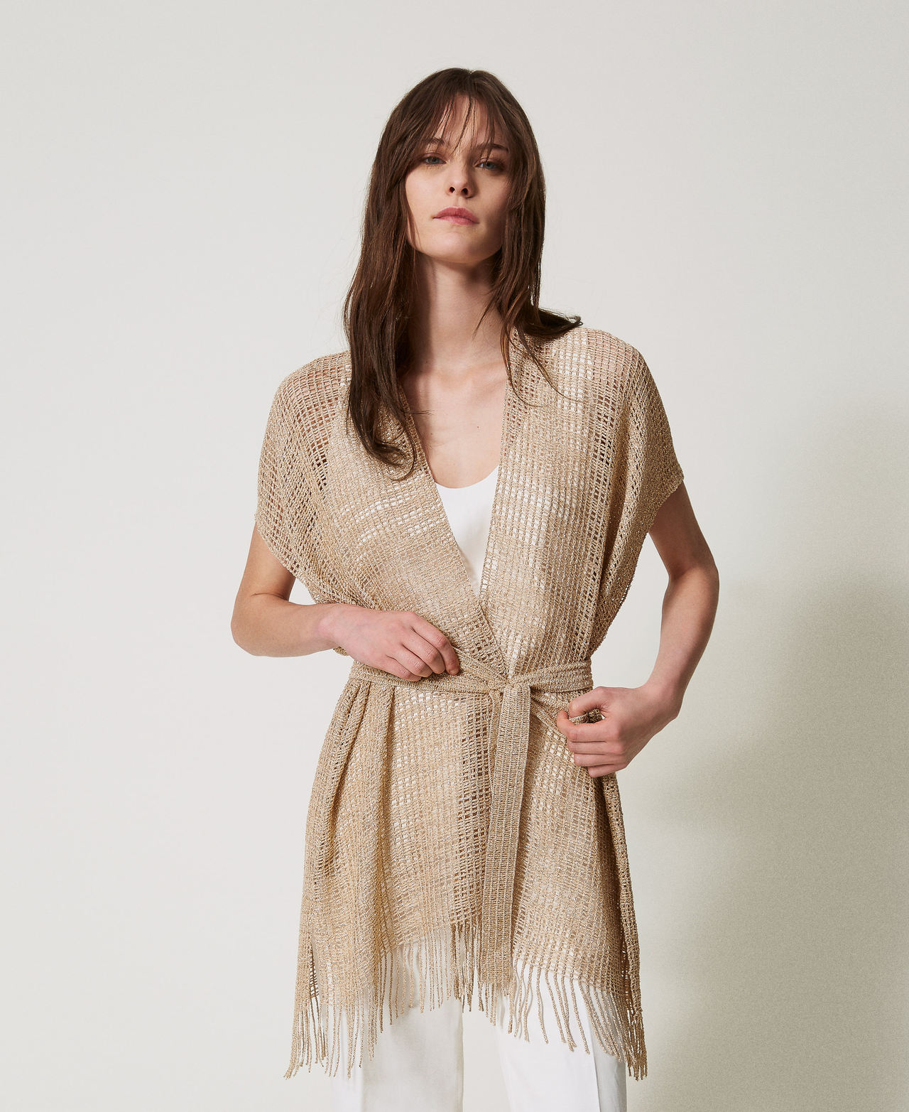 Kurzer Kaftan aus Netzstoff und Lurex mit Fransen Helles &bdquo;Ginger Root&ldquo;-Beige Frau 251TO5190_11640_01