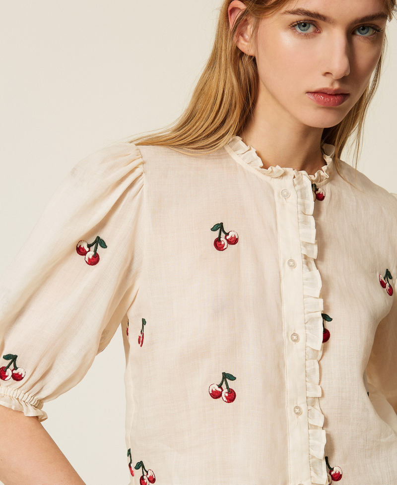 Cropped ramie shirt with cherry embroidery Parchment White/Cherry Red Embroidery Woman 261TT2420_13577_04