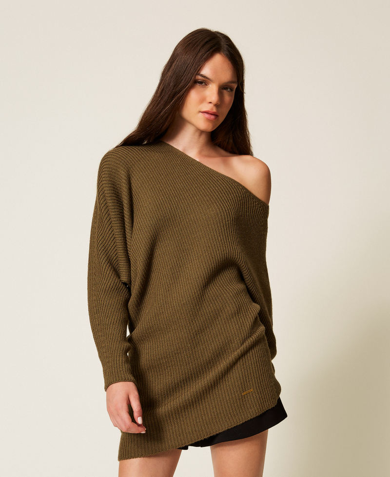Asymmetrischer Pullover aus Wollmischung Green Olive Frau 252LI3MAA_12655_02