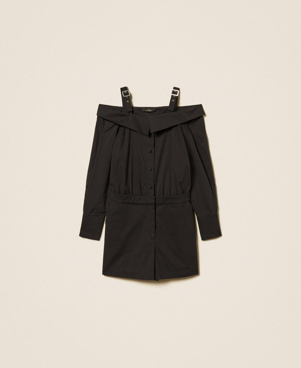 Off-shoulder poplin jumpsuit Black Woman 261AP2122_00006_S0