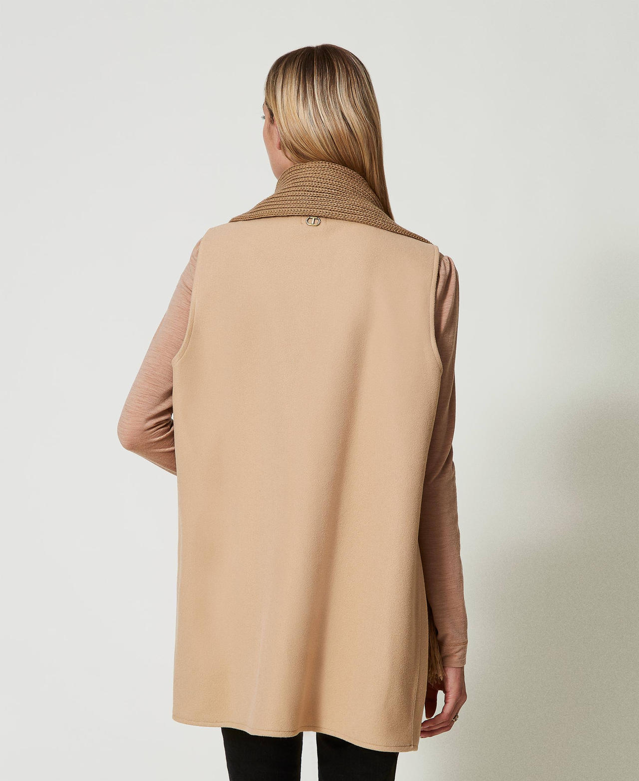Wool cloth gilet with fringes Sandy Brown Woman 242TO5381_11754_03