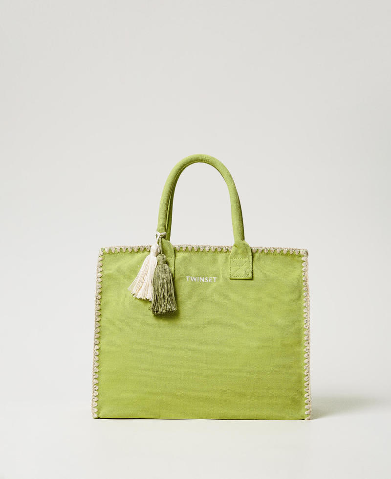 Canvas shopper bag with embroidery Green Grenoble Woman 251LB7AFF_12131_01