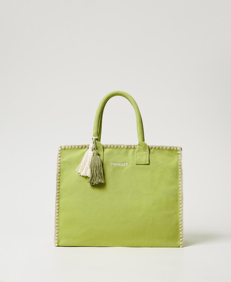 Canvas shopper bag with embroidery Green Grenoble Woman 251LB7AFF_12131_01