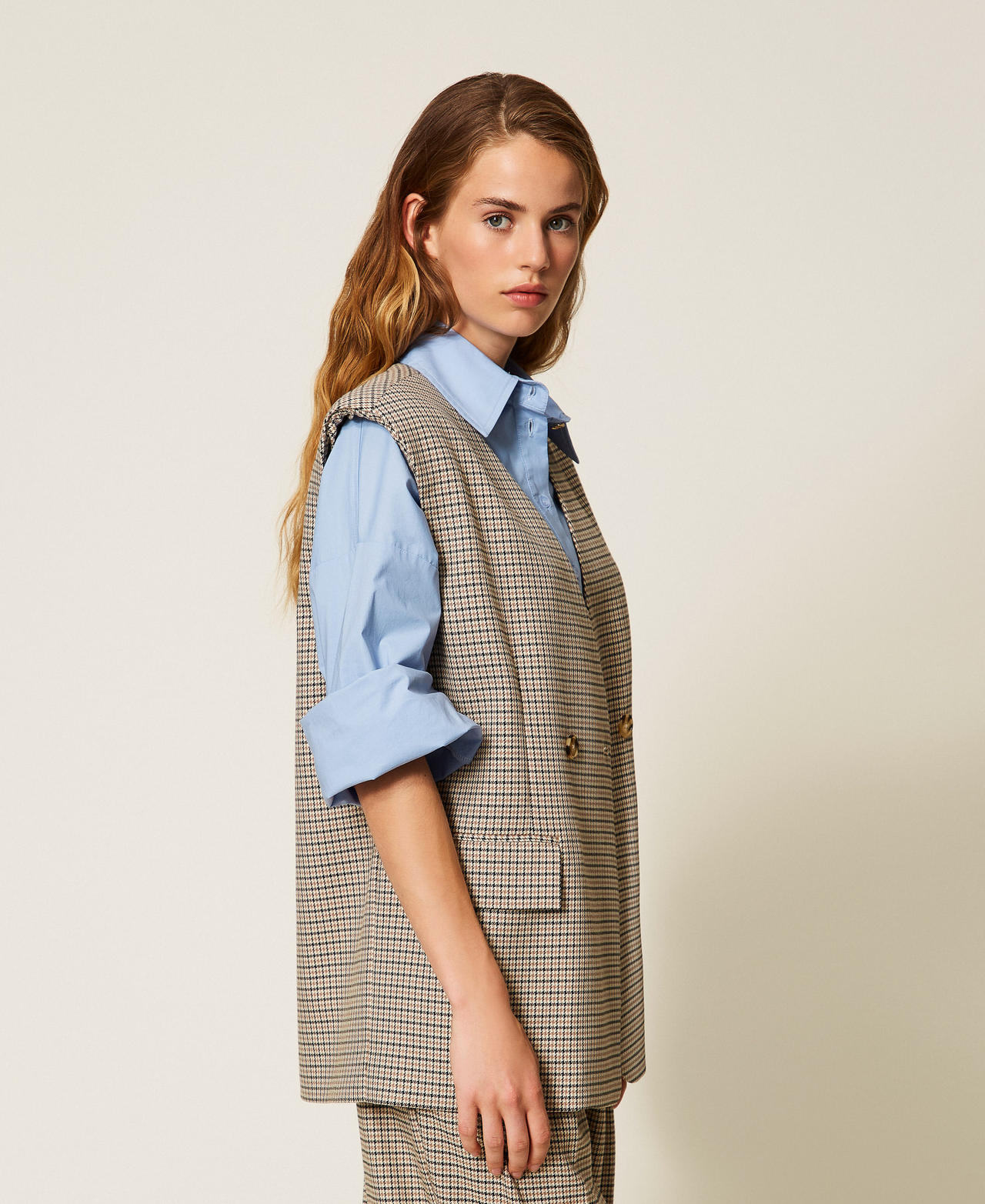Double-breasted houndstooth sleeveless jacket Natural Houndstooth Woman 252AP2241_12667_01
