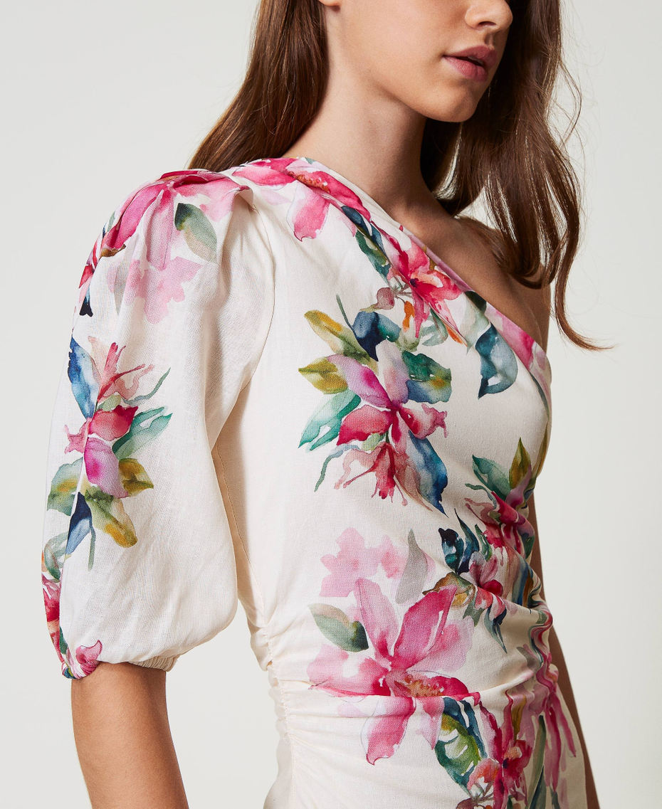 Long linen blend dress with floral print Mother of pearl/Multicolour Stripe Print Woman 251LB2UDD_12198_04