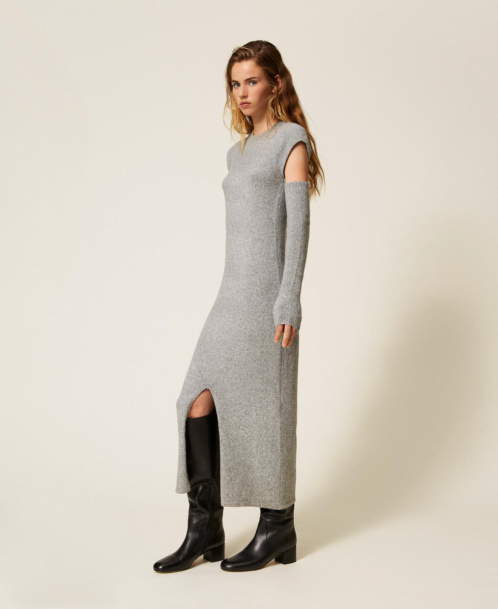 Recycled yarn long dress with removable sleeves Light Grey Melange Woman 252AP3161_11811_01
