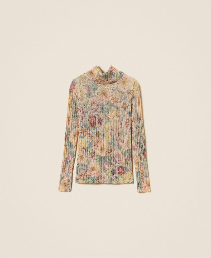 Rollkragenpullover mit Print Flowers Indigoblau / Multicolor Frau 262TT3401_14099_S0