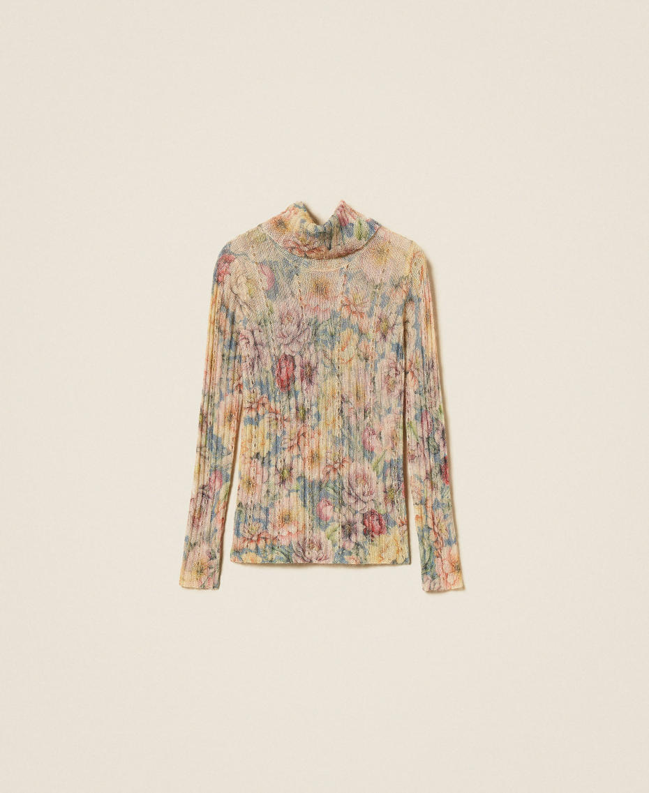 Rollkragenpullover mit Print Flowers Indigoblau / Multicolor Frau 262TT3401_14099_S0